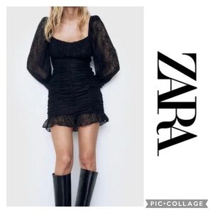 ZARA Black Lace Draped Mini Dress Medium NWT